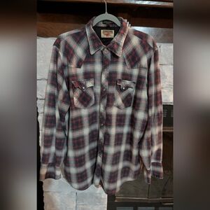 Men's Vtg Youngblood Western Flannel Pearl Snaps Shirt - Burgundy and Cream